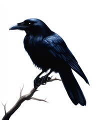 Halloween raven clipart, spooky bird element, watercolor illustration, crisp details, black raven perched on branch, isolated on white background