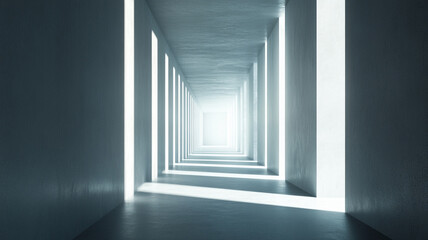 A bright corridor with illuminated lines creating depth and perspective in a minimalist design