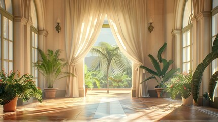 A sun-drenched room with arched windows, flowing curtains, and a view of a lush tropical garden.