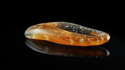 Obraz premium A small, round, orange object with a dark background. The object is shiny and has a reflective surface
