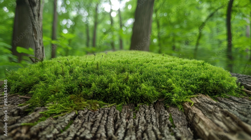 Poster a close-up of a fallen tree covered in a thick layer of vibrant green moss in a forest setting.