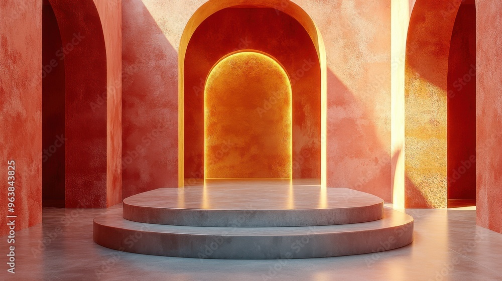 Poster 3d abstract architectural backgroun3d terracotta wall with empty niche golden arch frame an3d podium