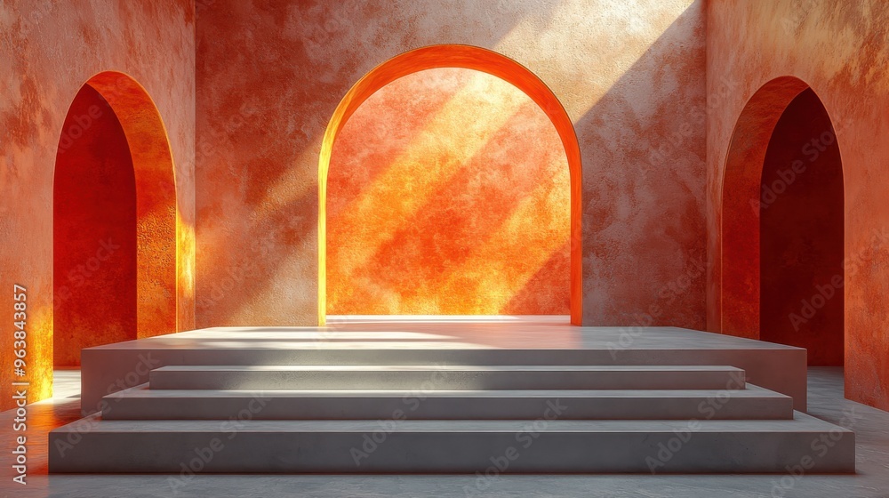 Poster 3d abstract architectural backgroun3d terracotta wall with empty niche golden arch frame an3d podium