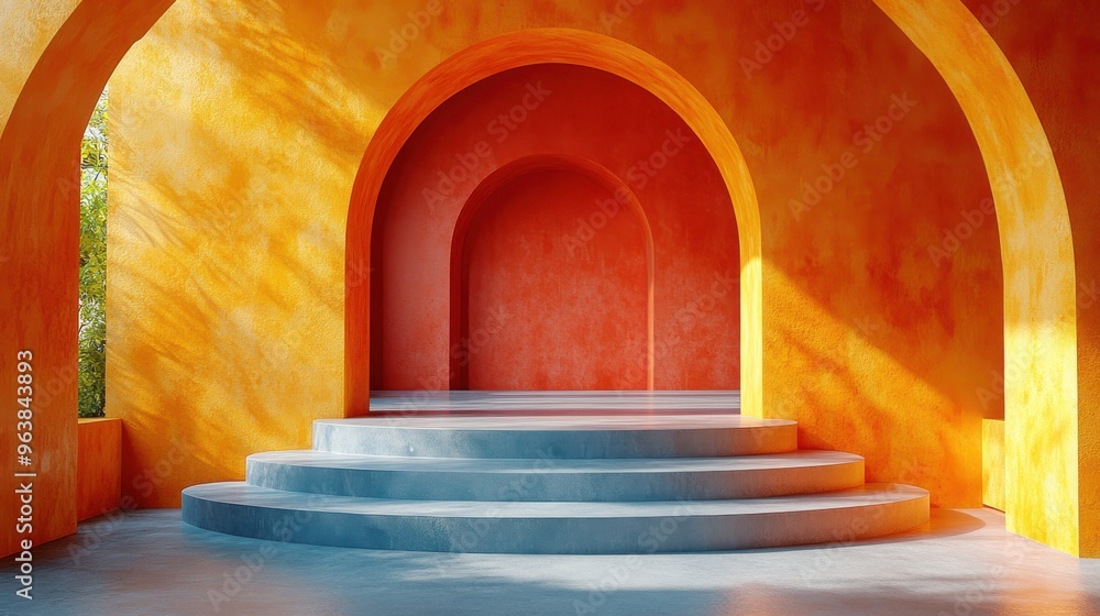 Poster 3d abstract architectural backgroun3d terracotta wall with empty niche golden arch frame an3d podium
