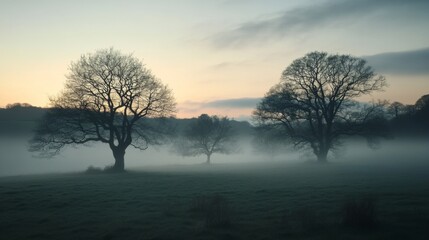 Silhouetted Trees in a Foggy Meadow at Dawn
