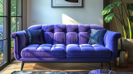 Purple velvet sofa with pillows in a modern living room with a window and sunlight streaming in.