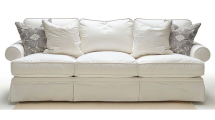 A white sofa with three pillows, two of which have a gray and white pattern.