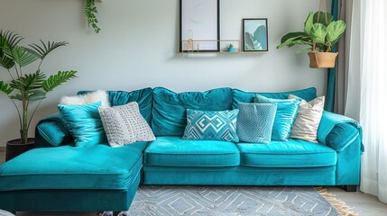A teal sectional sofa with various throw pillows in a modern living room.
