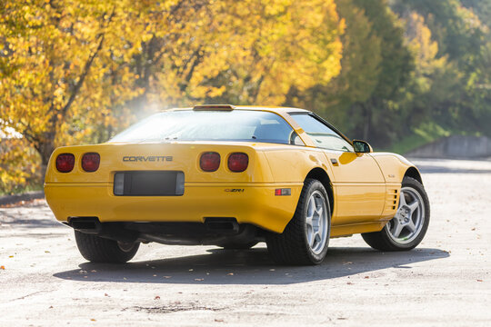 Portland, Oregon - USA - October 31, 2020 - Yellow Chevrolet Chevy Corvette ZR-1 American Sport Car exterior high quality picture for download
