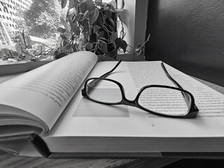 Open book with reading glasses. 