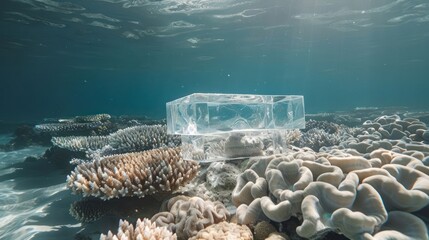 A clear acrylic box sits on a bed of coral in the ocean.