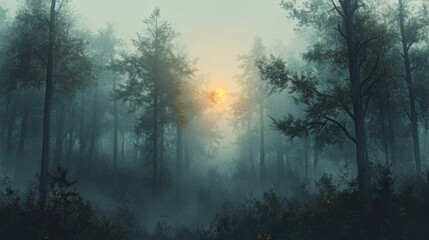 A Misty Forest at Sunset with Tall Trees and a Sunlit Sky