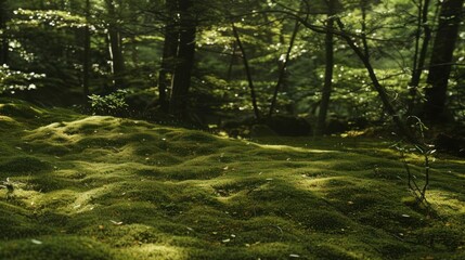 Obraz premium Sunbeams illuminate a lush carpet of moss in a tranquil forest setting.