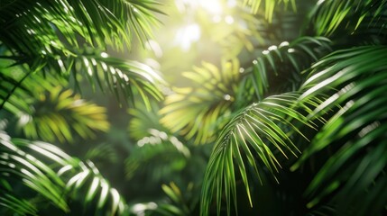Sun shining through lush green palm leaves in a tropical jungle.