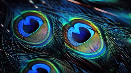 Naklejka premium A close-up of vibrant peacock feathers showcasing iridescent blue, green, and gold hues.