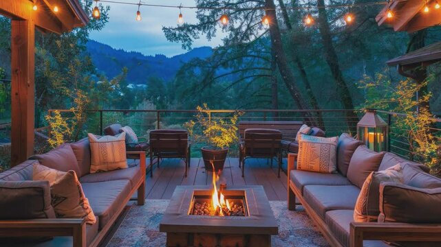 A beautifully designed outdoor patio featuring comfortable wicker seating, a fire pit centerpiece, and ambient string lights creating a warm and inviting atmosphere.