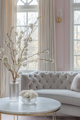 Living room interiors in modern French houses with gray sofas and cushions in a living room finished with light pink walls. Generative AI
