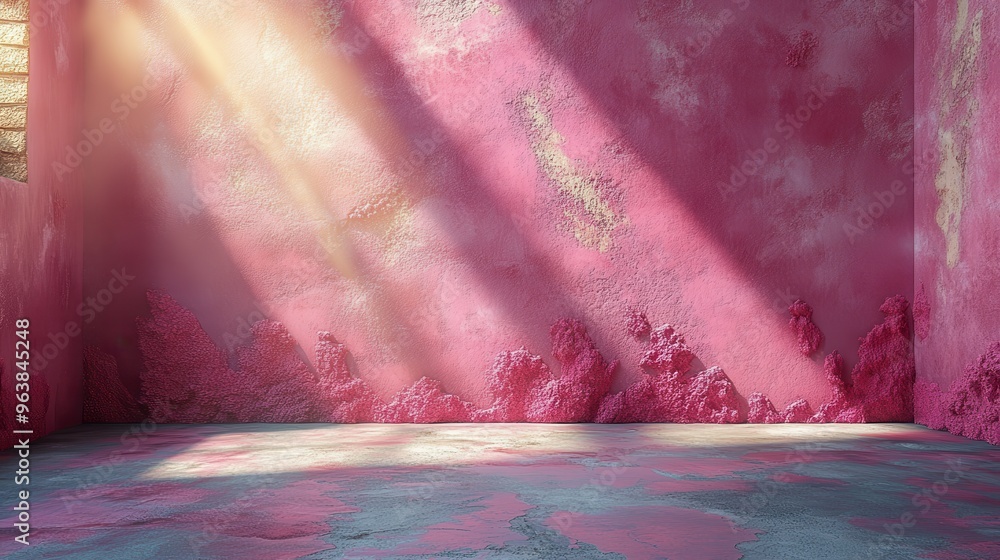 Aufkleber 3d abstract backgroun3d sunlight rays shining on the empty wall with peachy stucco texture