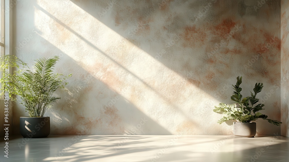 Poster 3d abstract backgroun3d sunlight rays shining on the empty wall with peachy stucco texture