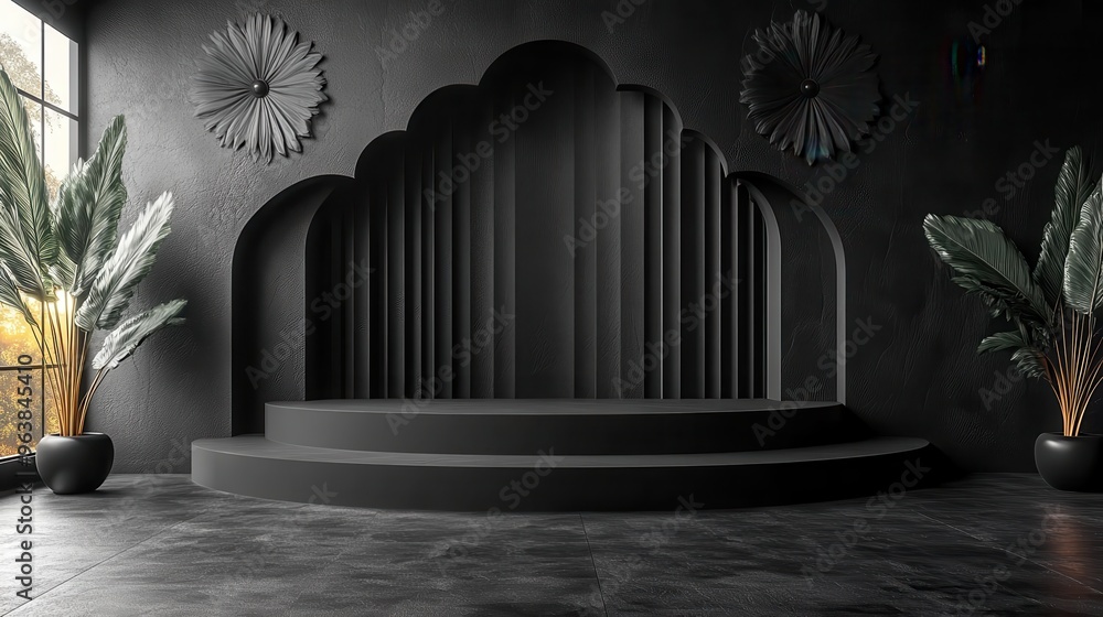 Aufkleber 3d abstract backgroun3d with black fans an3d empty stage modern showcase for product presentation