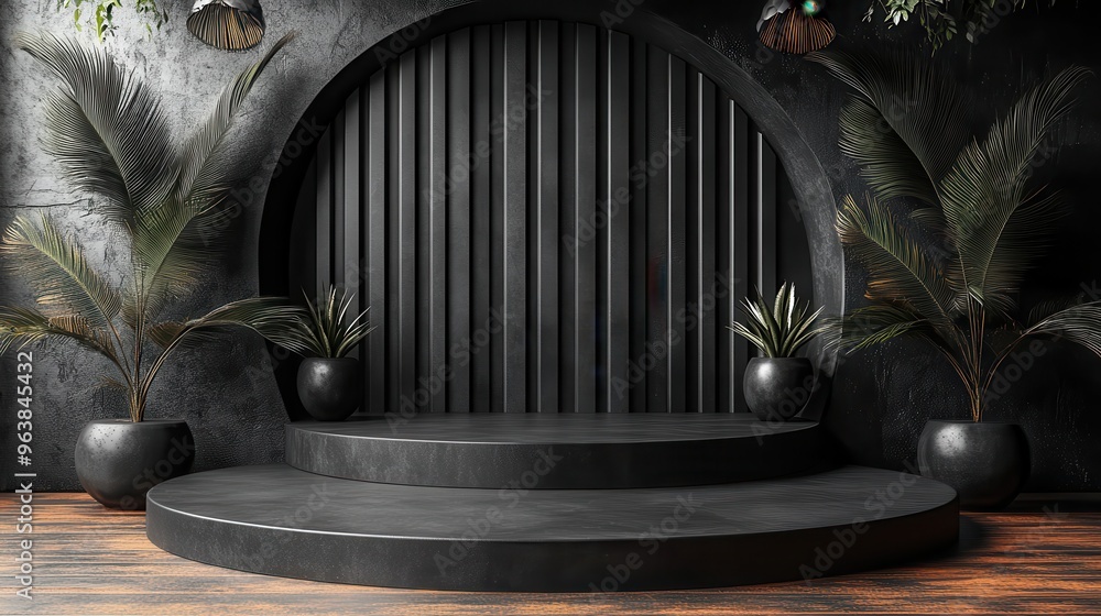 Poster 3d abstract backgroun3d with black fans an3d empty stage modern showcase for product presentation