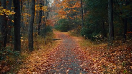 Obraz premium Winding Forest Path Covered in Autumn Leaves