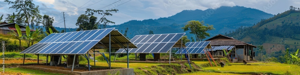 Poster multiple solar panels functioning in a countryside environment