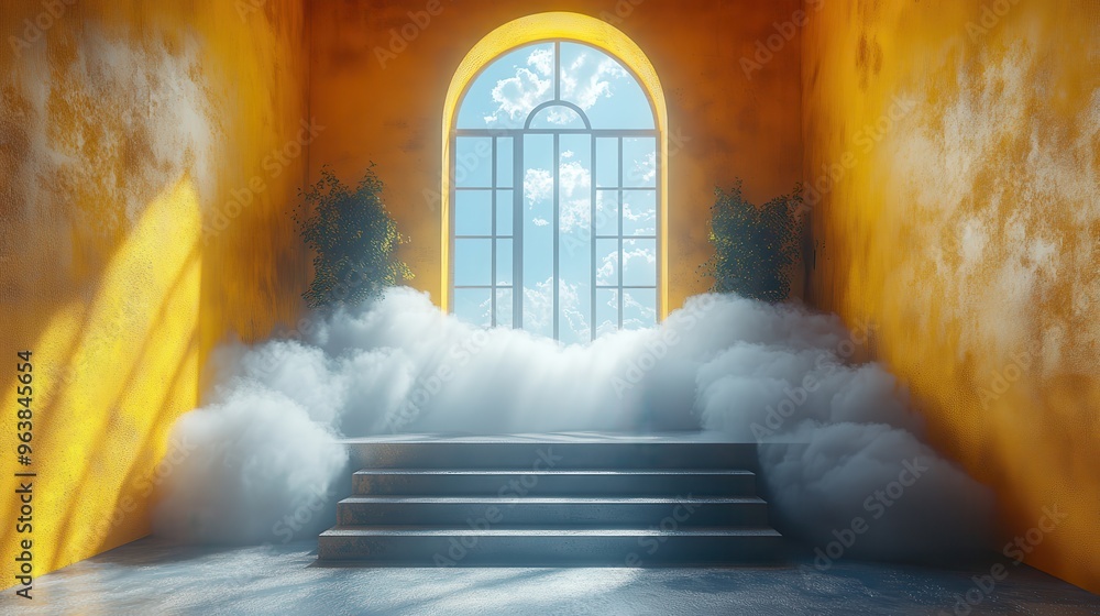 Poster 3d abstract backgroun3d with corridor clouds flying inside the yellow room with blue window architec