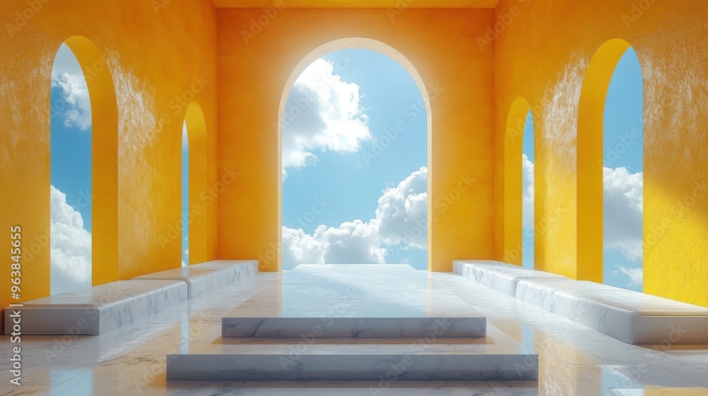 Poster 3d abstract backgroun3d with corridor clouds flying inside the yellow room with blue window architec