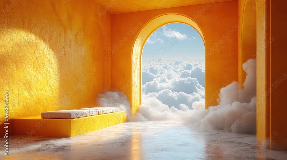 Poster 3d abstract backgroun3d with corridor clouds flying inside the yellow room with blue window architec