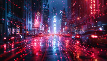 Obraz premium fiber optic wire speaking through nyc streets at night, visible red light, 3d objects, gradients