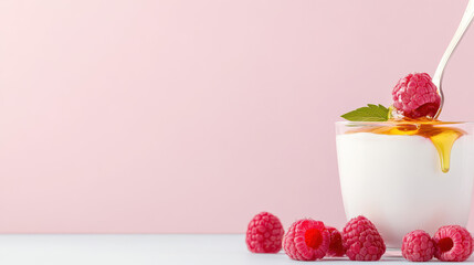 Fresh raspberries and honey drizzled over creamy yogurt in a glass cup on a soft pink background