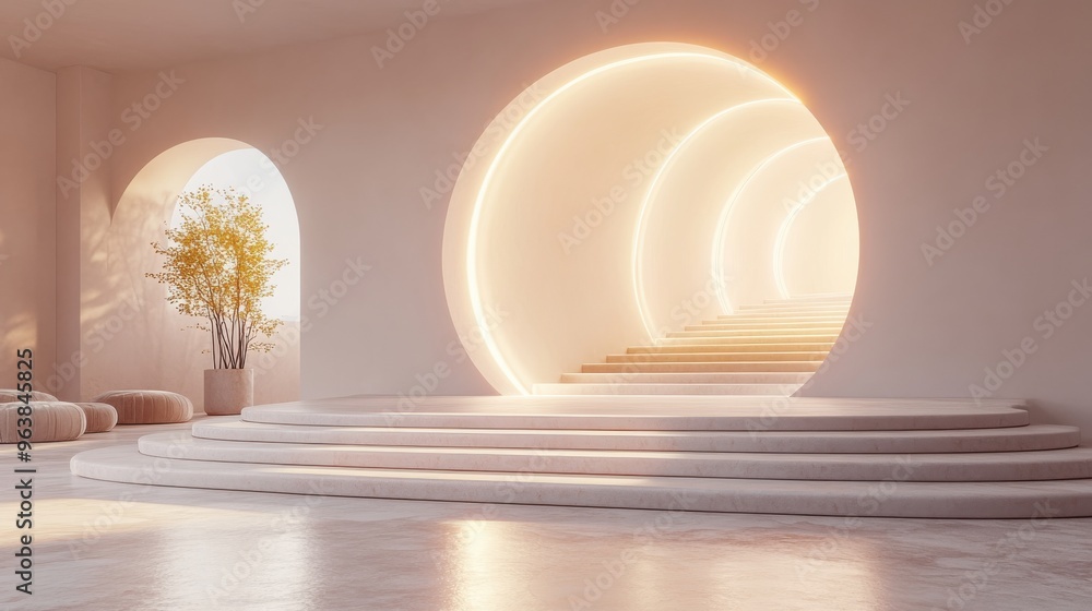 Poster 3d abstract backgroun3d with geometric shapes steps an3d arch illuminate3d with the sunlight rays mo