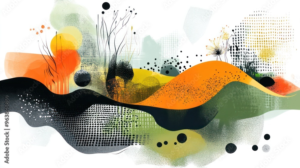 Poster a painting of a hillside with trees and a river. the painting is full of dots and has a lot of textu