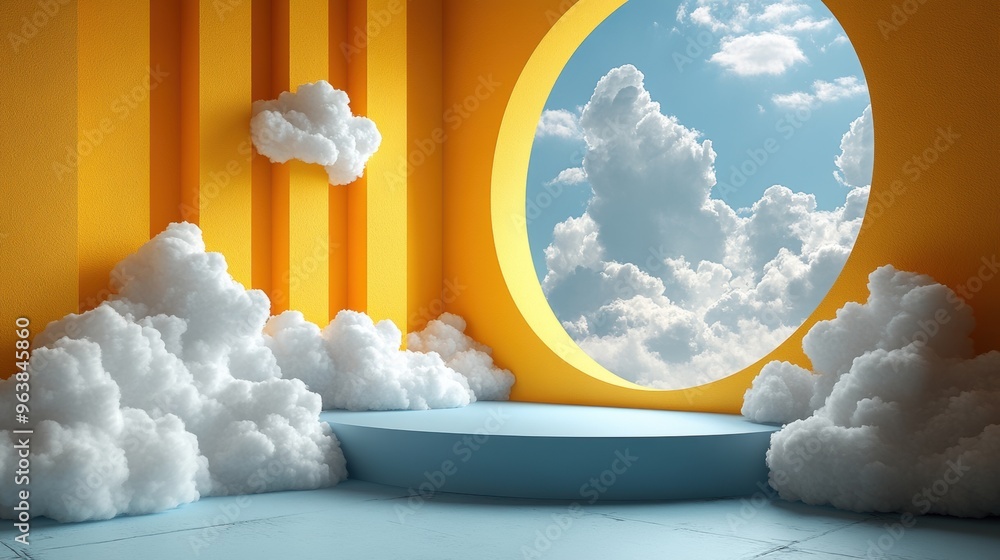 Aufkleber 3d abstract backgroun3d with levitating clouds inside the yellow room with blue window simple geomet