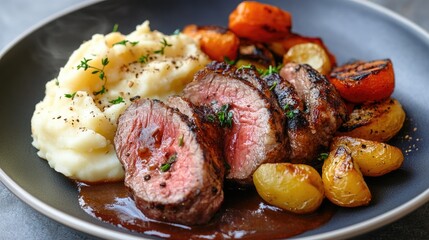 A perfectly cooked plate of meat served with mashed potatoes and roasted vegetables, presenting a delicious, balanced meal.