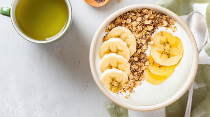 Healthy breakfast bowl with yogurt, sliced bananas, granola, and honey served with a cup of green tea on a textured background