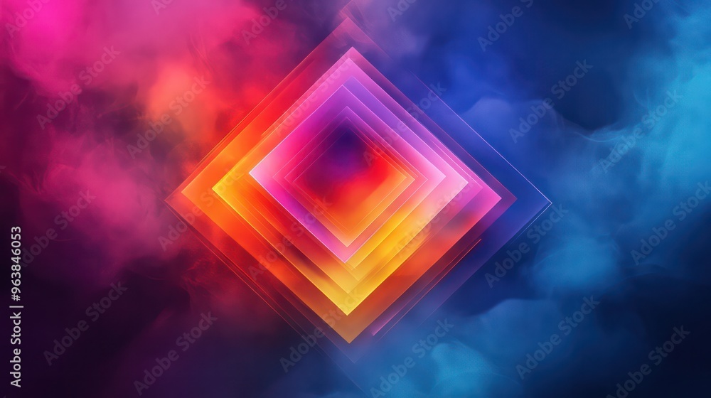 Poster A colorful, abstract image of a square with a blue background. The squares are in different colors and sizes, and the image has a dreamy, surreal feel to it