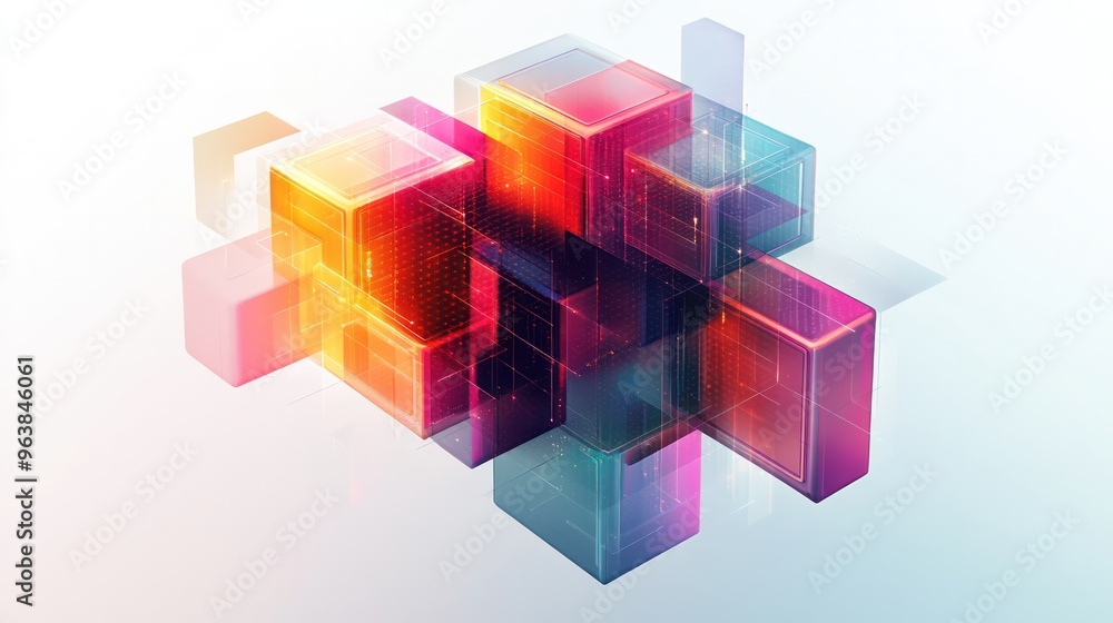 Fototapete A colorful cube made up of many smaller cubes. The cubes are in different colors and sizes, and they are arranged in a way that creates a sense of depth and dimension