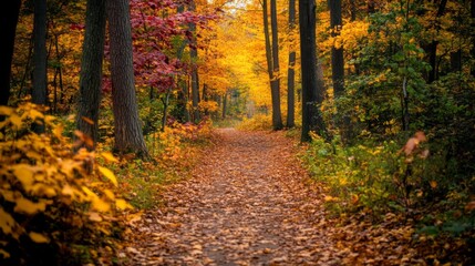 Path Through Autumn Forest with Colorful Leaves