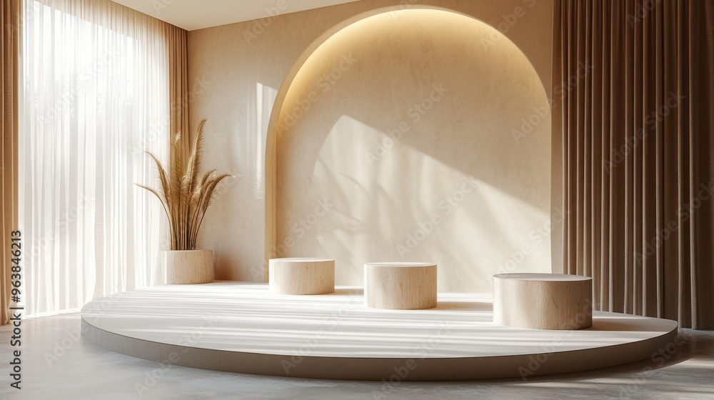 Poster 3d abstract beige backgroun3d with empty cylinder podiums modern minimal showcase scene illuminate3d