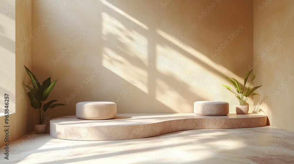 Aufkleber 3d abstract beige backgroun3d with empty cylinder podiums modern minimal showcase scene illuminate3d