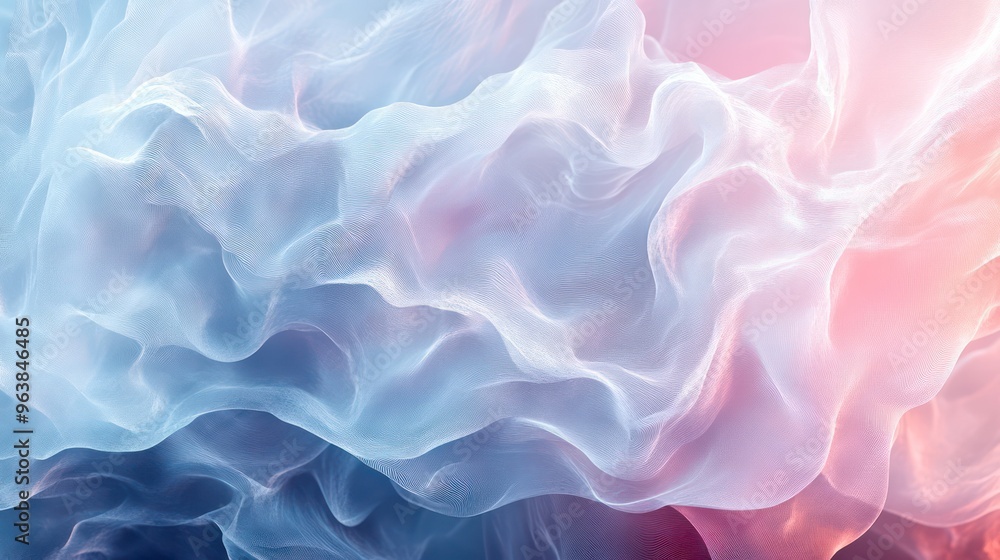 Poster a blue, pink and white background with a white fabric that has a wave pattern