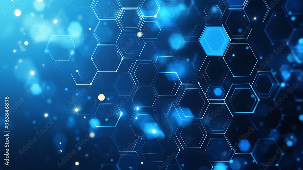 Poster abstract blue hexagonal pattern with glowing elements on a dark background showcasing digital design