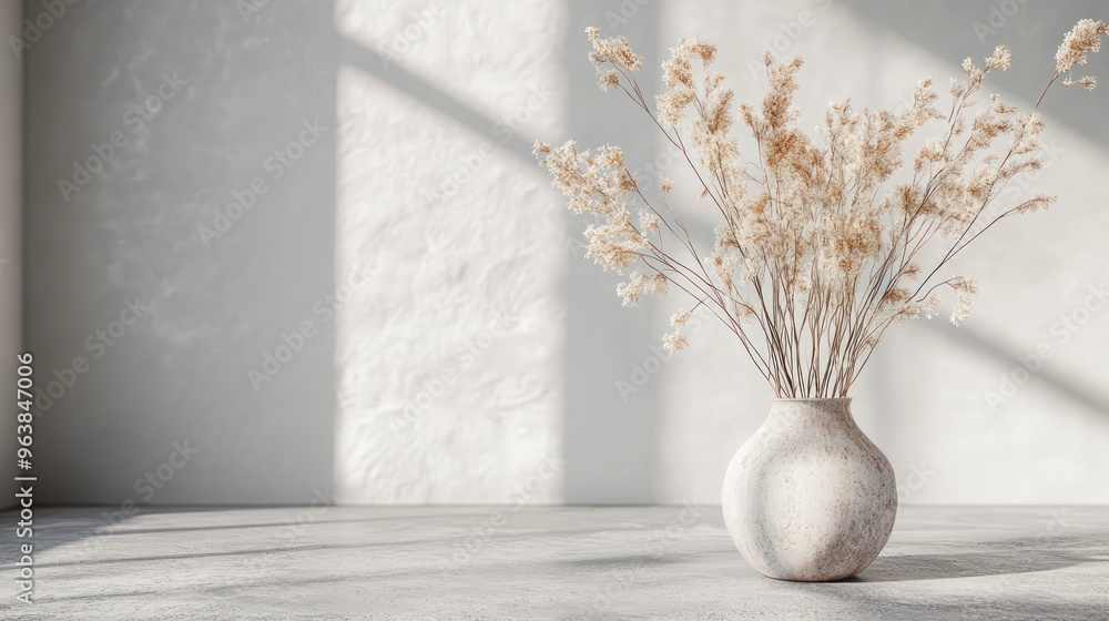 Aufkleber a white vase with dried flowers in it sits on a white floor. the vase is the main focus of the image