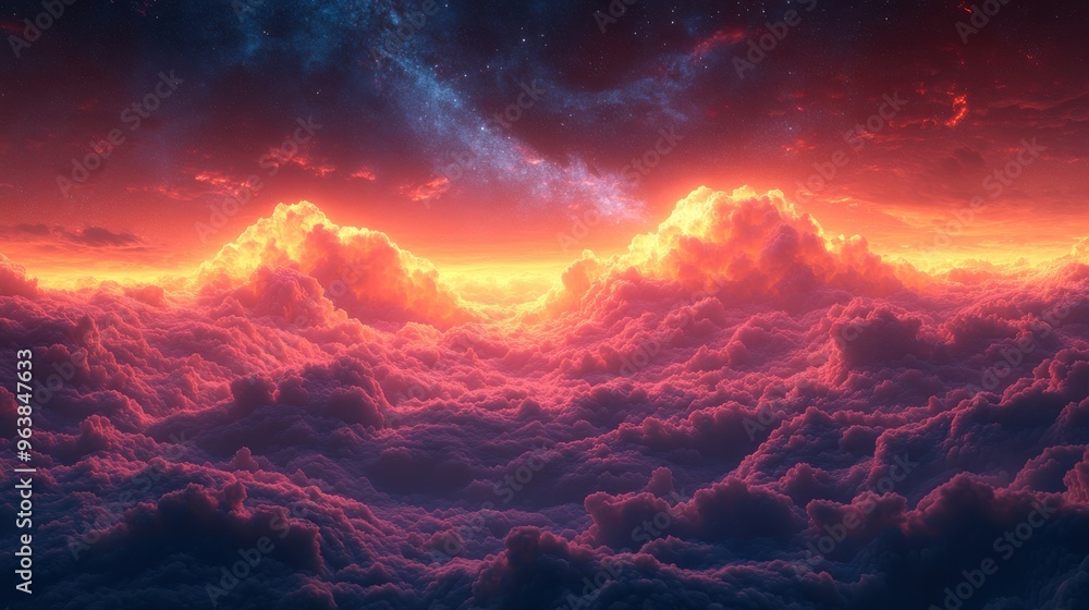 Poster 3d abstract fantasy neon backgroun3d of glowing spee3d lines above the colorful clouds beautiful atm