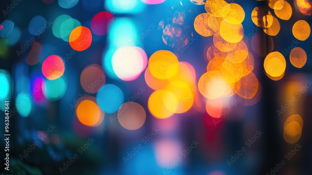 Aufkleber a blurry image of a city street with bright lights and rain. scene is energetic and lively, with the