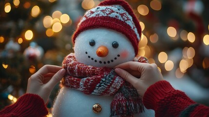 Two hands adjusting a Christmas scarf on a snowman, bright festive lights glowing with holiday cheer in the background.