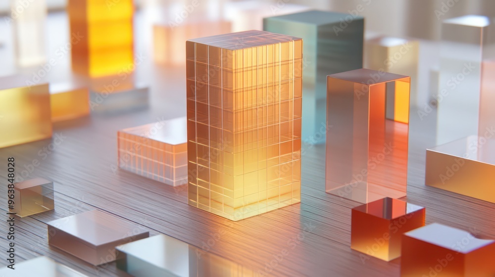 Poster A cityscape made of colorful cubes. The cubes are arranged in a way that creates a sense of depth and perspective. Scene is vibrant and playful, as the cubes seem to be popping out of the surface