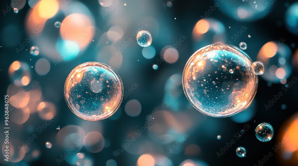Poster Two bubbles floating in the air with a blurry background. The bubbles are of different sizes and colors, creating a sense of movement and energy. Scene is playful and whimsical